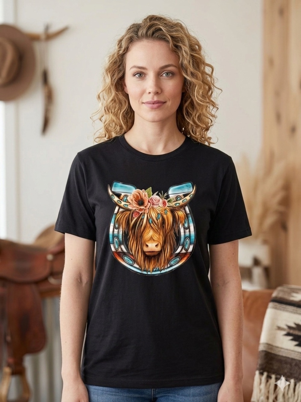 Black Tee with Floral Highland Cow Graphic